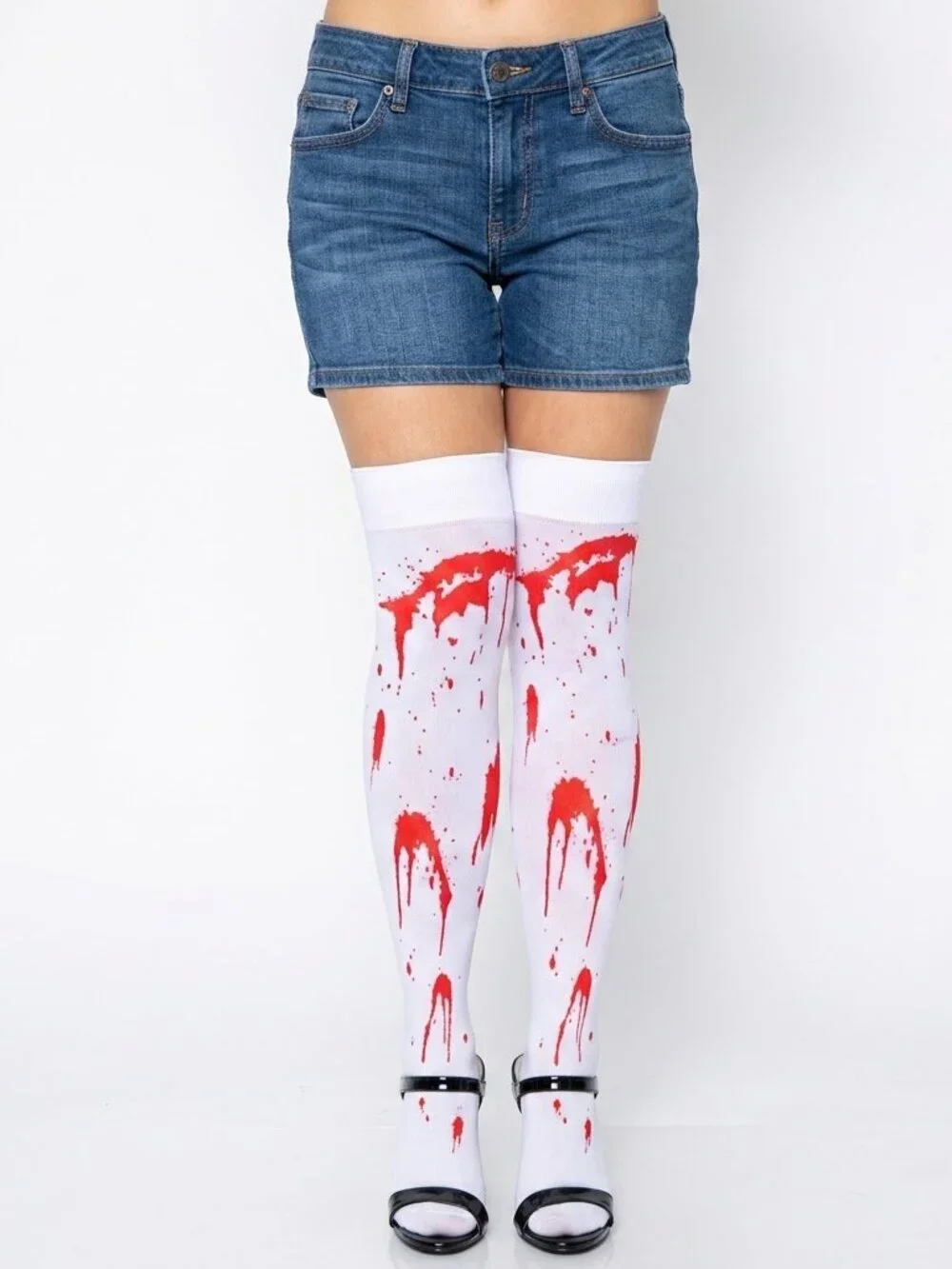 Bloody Zombie Thigh High Stockings White Red Blood Splatter Halloween NWT